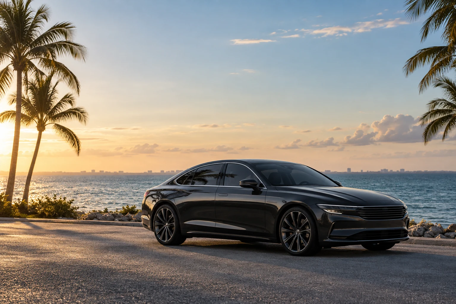 Charcoal sedan with tinted windows beside a palm-lined Florida coastal road